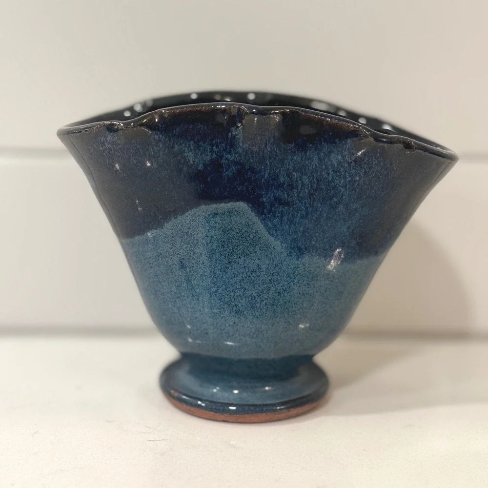 Artisan Signed Blue Studio Pottery Ruffled Footed Bud Vase Handcrafted Stoneware